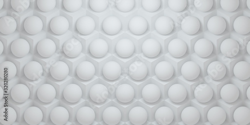 3d illustration of abstract pattern of light gray cubes and spheres. Hexagonal background with large number of gray primitives. Cellular  gray 3d panel. 3d render of wall texture  hexagonal clusters.