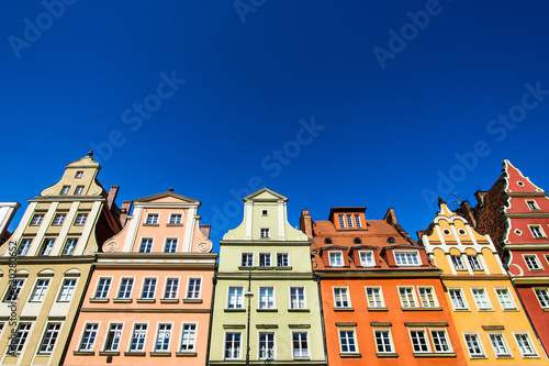Colourful houses, blue sky, Solny square, Wroclaw, Poland. Copy space