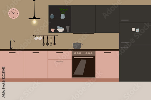 The kitchen is pink and gray in a modern style, kitchen utensils. Vector illustration in a flat style.