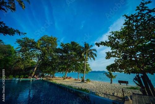 Swimming pool at exotic tropical resort. Exotic garden.