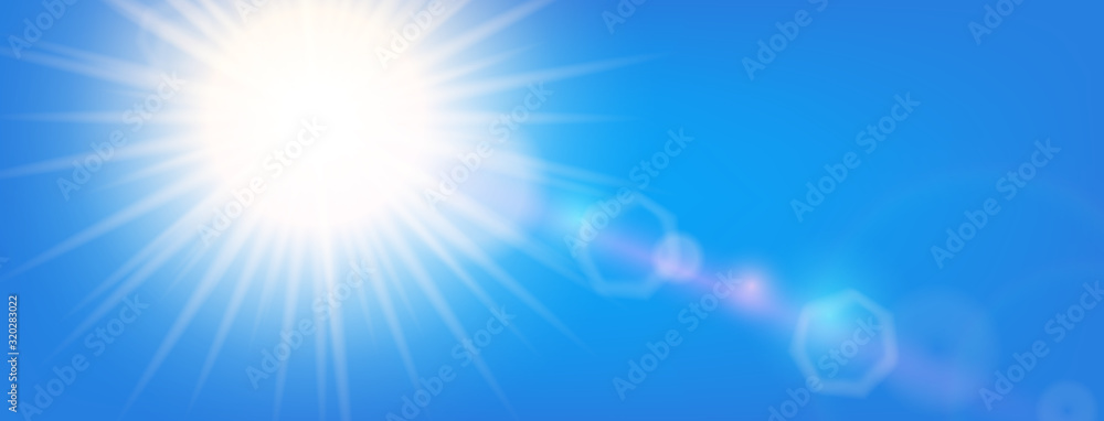Lins flare, Realistic Flashes of The Sun in the blue sky.  - obrazy, fototapety, plakaty 