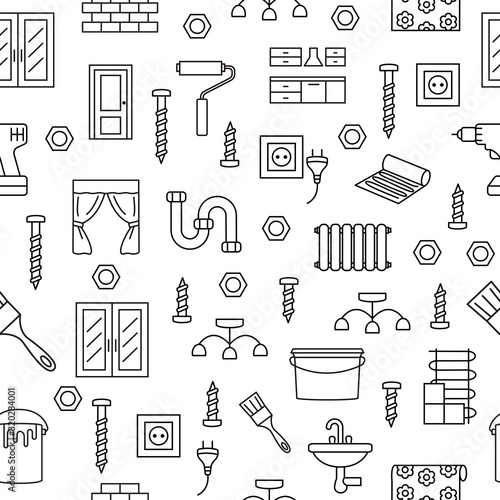 Home repair seamless pattern with flat line icons. Concept for web banners and printed materials