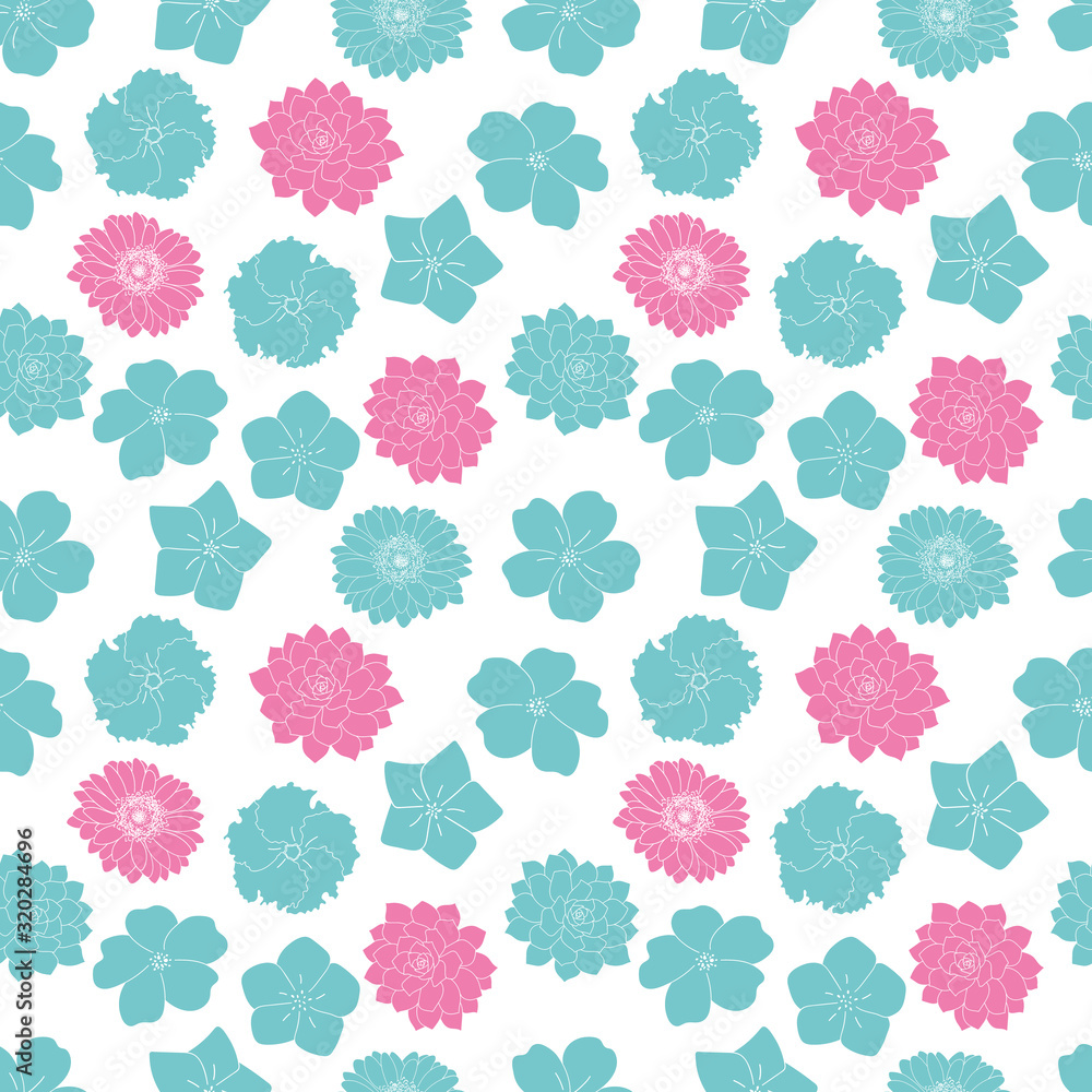 Vector pink and blue lineart flowers seamless pattern white background