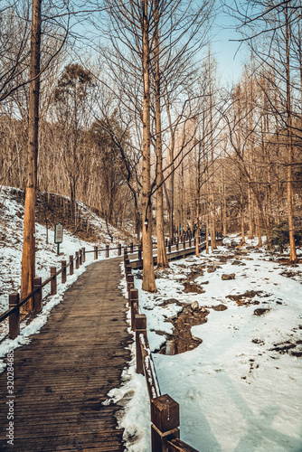 Beijing Botanical Garden after snow in winter, the cherry ditch wooden plank road leading to the deep mountain © Liu Lei