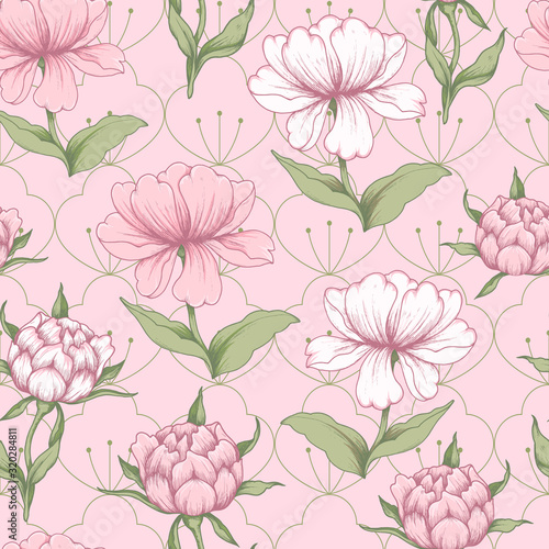 Seamless pattern with pink peonies