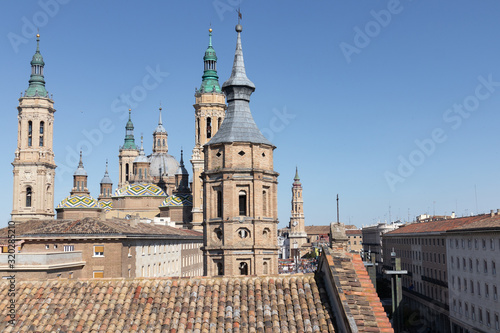 View of the towers of The Pilar Basilica in Zaragoza, Aragon, Spain © paulaguicub