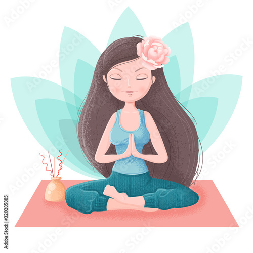 Set of girl in yoga asanas and accessories for Ayurveda and peony flowers