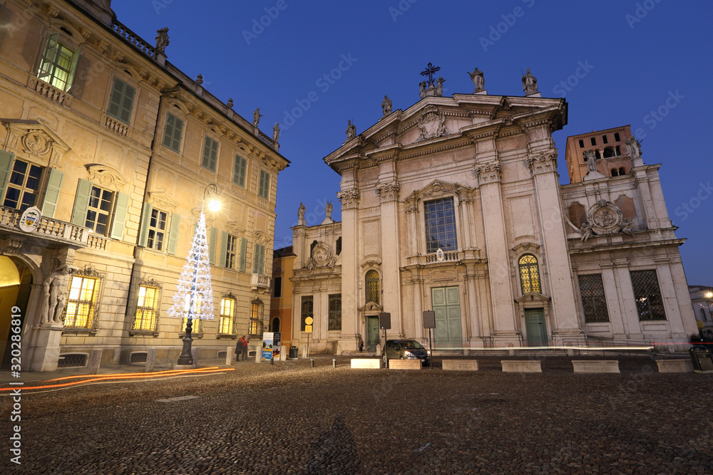 night cityscape at the historic old town of Mantova in Italy 
