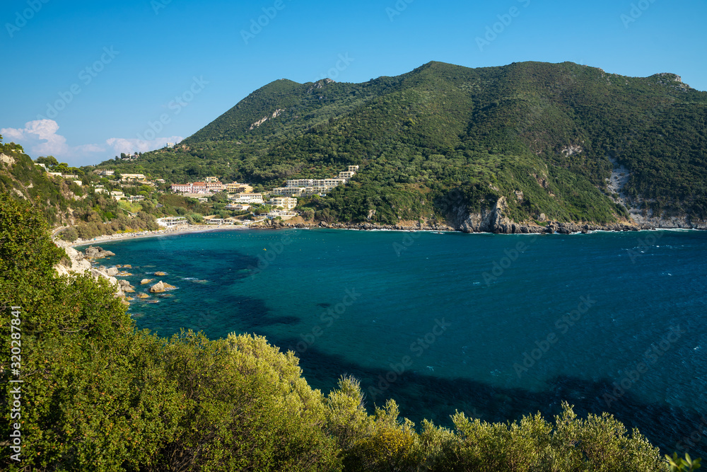 The mountainous coast of the Greek island of Corfu on the Ionian sea