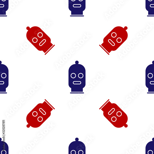 Blue and red Balaclava icon isolated seamless pattern on white background. A piece of clothing for winter sports or a mask for a criminal or a thief. Vector Illustration