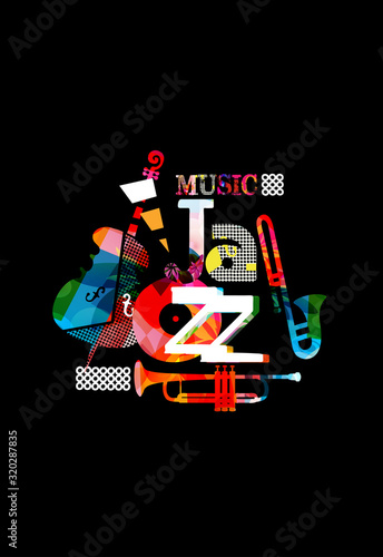 Jazz music promotional poster with colorful instruments vector illustration. Artistic music background, music show, live concert events, party flyer design template