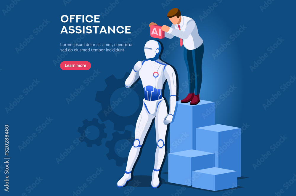 Fototapeta premium Symbolic artificial intelligent machine, model of website. Intelligence learning lecture from man to robot. Computer science symbol of robotics teaching. Modern page template flat vector illustration.