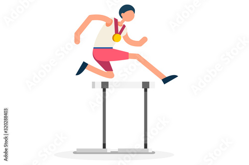 Male person celebrate xxxii summer games athletics medal. Sportive people celebrating hurdles team. Hurdler athlete symbol on victory celebration. Sports cartoon symbolic flat vector illustration