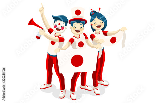 Japanese people Crowd of persons celebrate national day of Japan with a flag. Japanese people celebrating a football team. Soccer symbol victory celebration. Sports cartoon symbolic flat