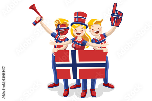 Norwegian people Crowd of persons celebrate national day of Norway flag. Norwegian people celebrating a football team. Soccer symbol and victory celebration. Sports cartoon symbolic flat