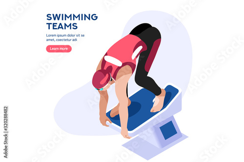 Male person celebrate olympic summer games athletics medal. Sportive people celebrating swimming team. Swimmer athlete symbol on victory celebration. Sports cartoon symbolic flat vector illustration