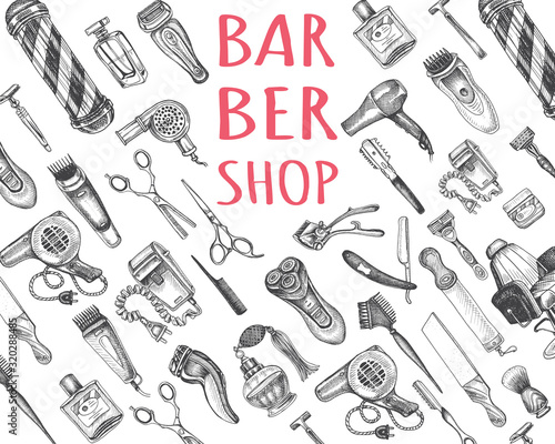 Hand drawn sketch illustration for barbershop. Identity Hair Salon. Accessories for the hairdresser, made in graphic style.
