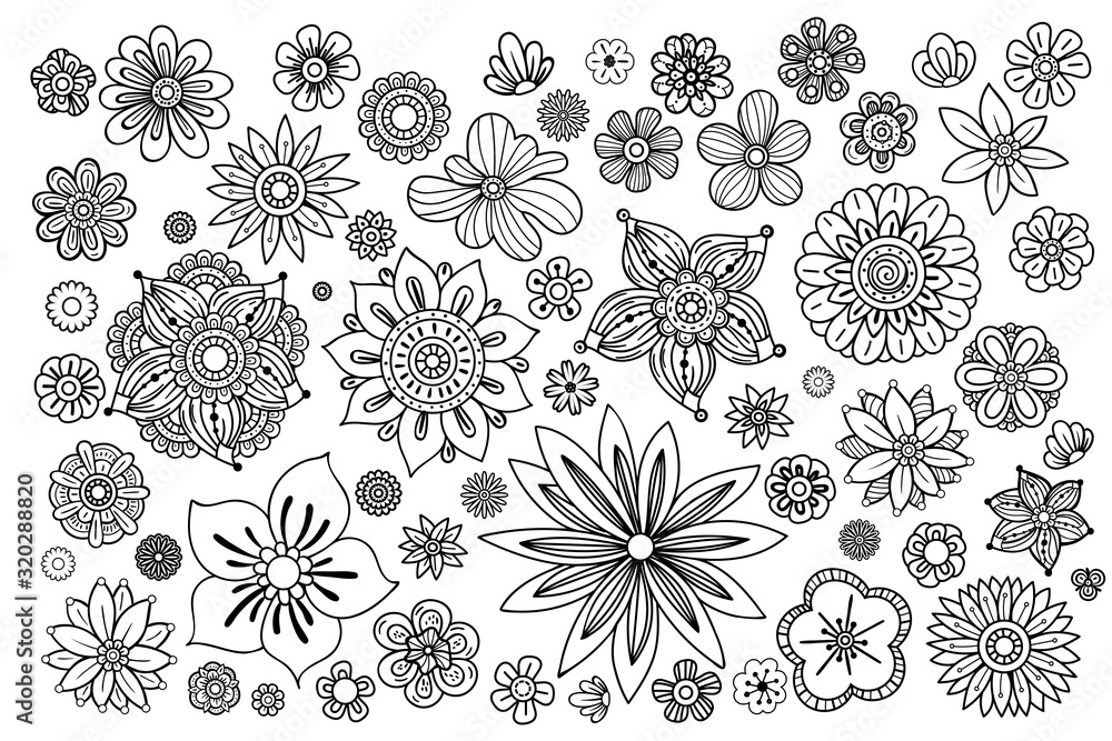Hand drawn flowers collection. Floral design elements set. Black and white vector illustration in doodles style. Isolated on white background. Hand drawn flowers collection. Floral design elements set. Black and white vector illustration in doodles style. Isolated on white background.