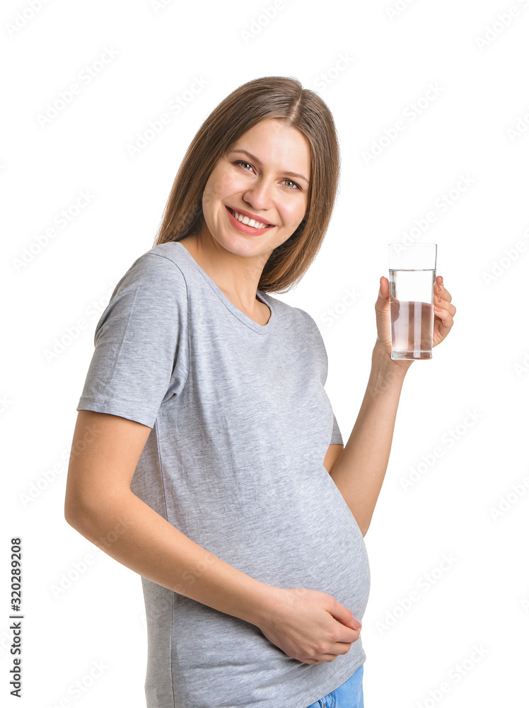 Beautiful pregnant woman with glass of water on white background Beautiful pregnant woman with glass of water on white background