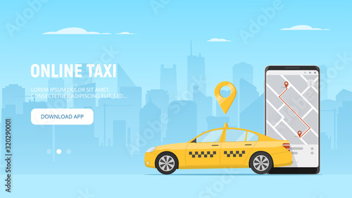 Online taxi app web banner template. Taxi service. Car taxi and phone with geo location on display on cityscape background. Modern city life. Commercial transport. Vector illustration in flat style.