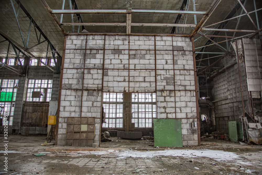 Interior of an abandoned industrial workshop. MIG Aircraft Building Plant in Moscow, Russia