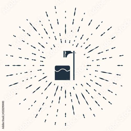 Grey Executioner axe in tree block icon isolated on beige background. Hangman, torturer, executor, tormentor, butcher, headsman. Abstract circle random dots. Vector Illustration