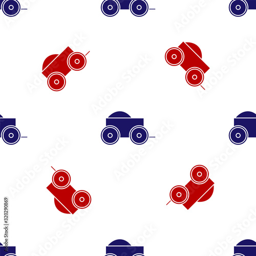 Blue and red Wooden four-wheel cart with hay icon isolated seamless pattern on white background. Vector Illustration