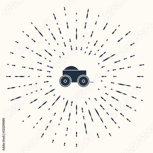 Grey Wooden four-wheel cart with hay icon isolated on beige background. Abstract circle random dots. Vector Illustration