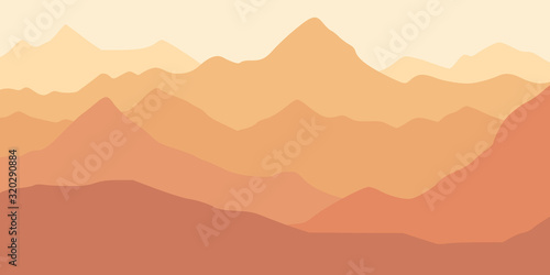 Fantasy on the theme of the morning landscape, sunrise in the mountains, panoramic view, vector illustration