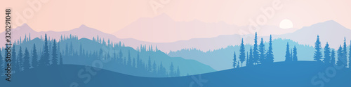 Vector illustration of mountains, ridge in the morning haze, panoramic view. Trees against the setting sun.