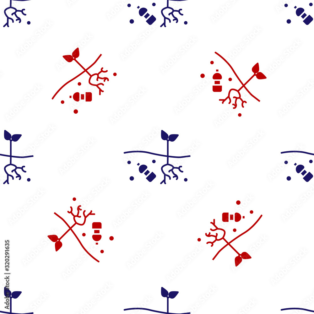 Naklejka Blue and red The problem of pollution of the planet icon isolated seamless pattern on white background. The garbage, plastic, bags on the planet. Vector Illustration