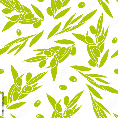 Seamless pattern Olives. Green Outline olive branches isolated on white background. Randomly arranged Berries and olive leaves. Vector natural product stock illustration for textile, wrapping paper
