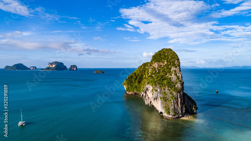 Railay beach in Thailand  Krabi province  aerial view of tropical Railay and Pranang beaches and coastline of Andaman sea from above