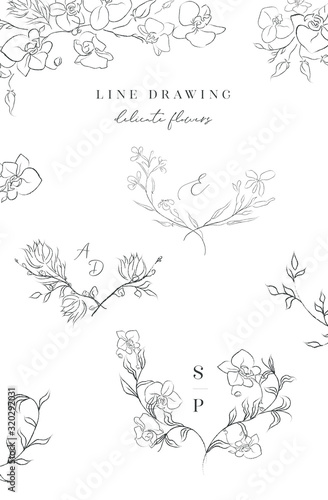 Collection of delicate line drawing vector floral wreaths frames. hand drawn delicate orchid flowers, branches, leaves, plants. Botanical illustration. Leaf logo. Wedding invitation stationary