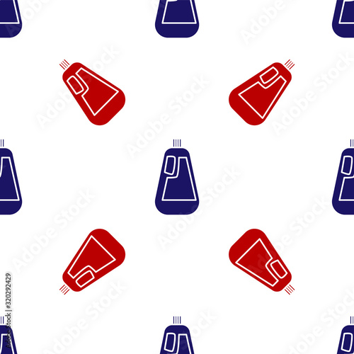 Blue and red Plastic bottle for liquid laundry detergent, bleach, dishwashing liquid icon isolated seamless pattern on white background. Vector Illustration