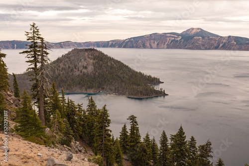 Views of Wizar Island from The Watchman lookout point in Crater Lake