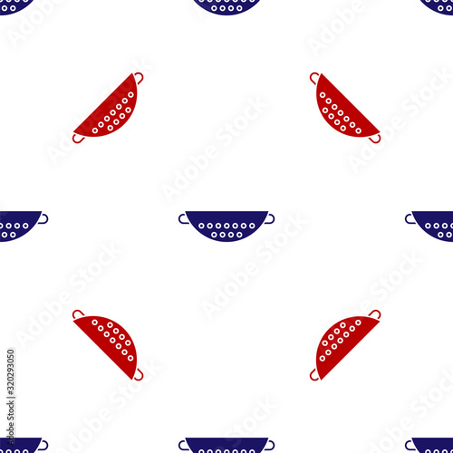 Blue and red Kitchen colander icon isolated seamless pattern on white background. Cooking utensil. Cutlery sign. Vector Illustration