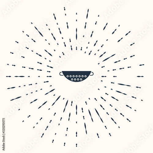 Grey Kitchen colander icon isolated on beige background. Cooking utensil. Cutlery sign. Abstract circle random dots. Vector Illustration
