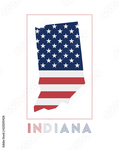 Indiana Logo. Map of Indiana with US state name and flag. Modern vector illustration.