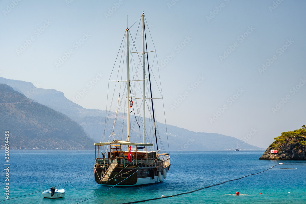 Oludeniz, Turkey. Blue Lagoon. Ship near the shore. Oludeniz, Turkey. Blue Lagoon. Ship near the shore.