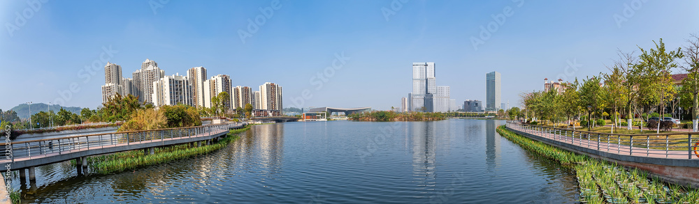 Panoramic scenery of Phoenix Lake Park, Jiaomen, Nansha District, Guangzhou, China