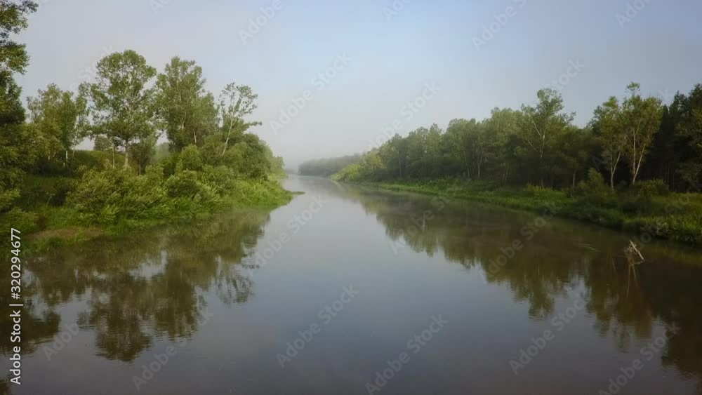 aerial view of morning forest fog river aerial view of morning forest fog river