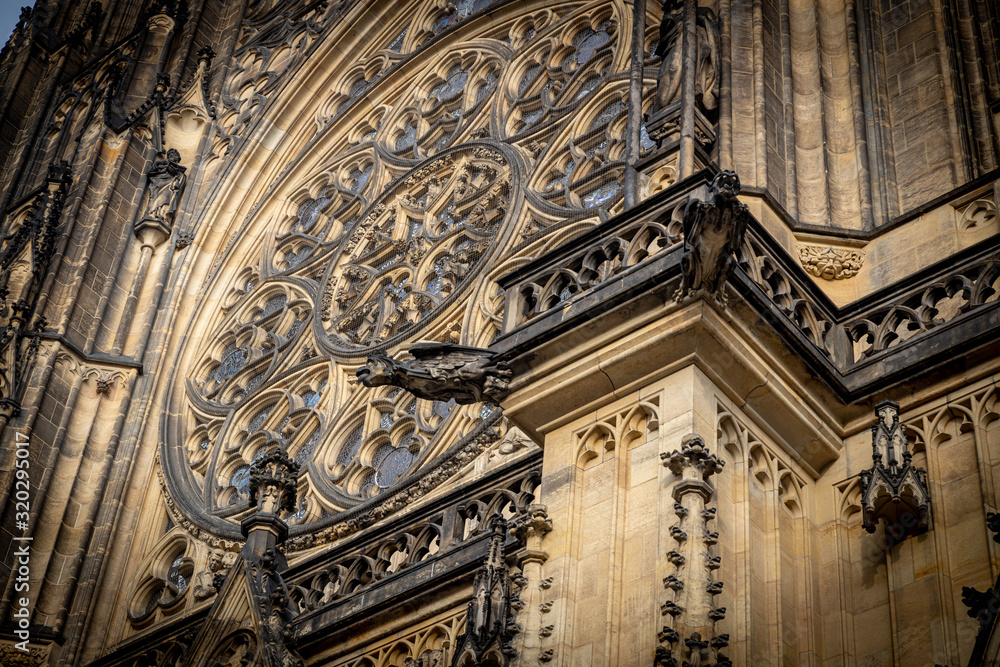 Close up view of St Vitus Cathedral gothic facade in Prague, Czech Republic