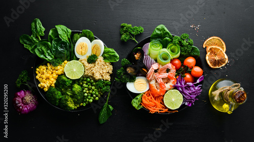 Buddha bowl of vegetables. Lunch. Top view. Free space for your text.