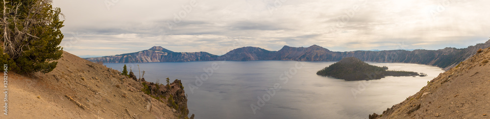 Panoramic view of Crater Lake and Wizard Island from Merriam Point