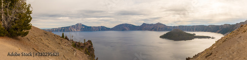 Panoramic view of Crater Lake and Wizard Island from Merriam Point