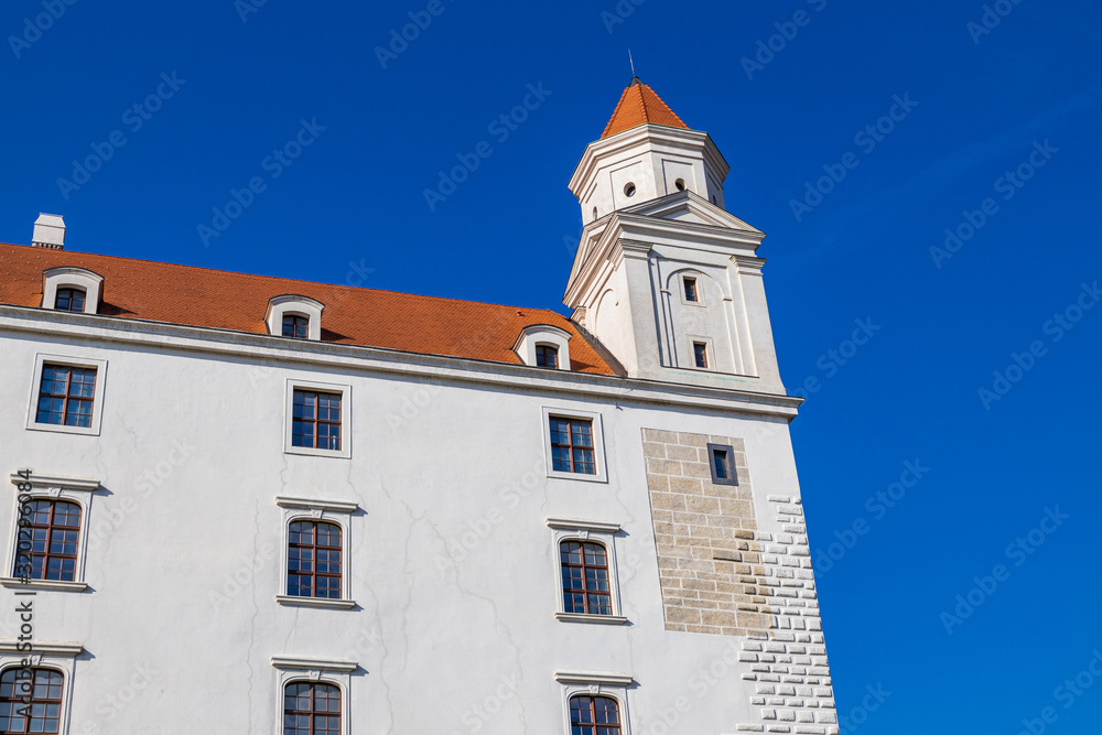 Beautiful white building of Bratislava castle on the hill, Slovakia