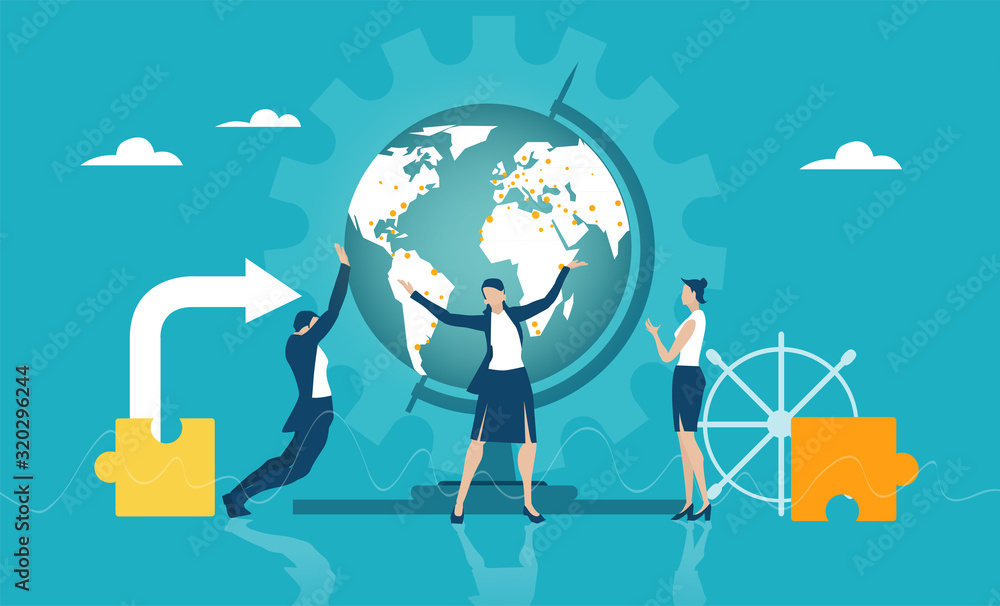 Team of business people, bankers staying in front of map and showing global growing business. Concept illustration Team of business people, bankers staying in front of map and showing global growing business. Concept illustration