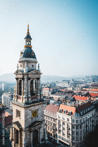 Rooftop view. from St Stephen Basilica in Budapest city center and a clocktower