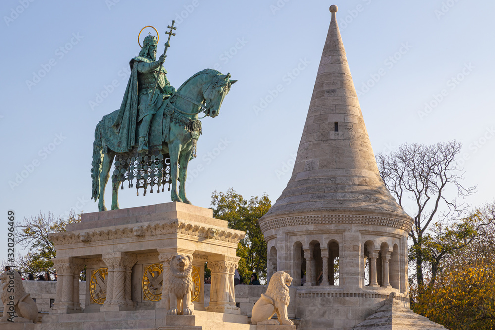 St Stephen statue at Fishermans bastion in Budapest, Hungary